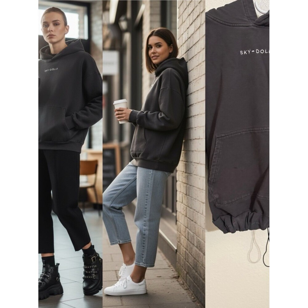Sky Dolls Cropped Hoodie XS Black Minimalist Goth Streetwear Drawstring H